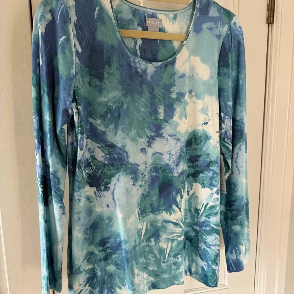 Chico's Teal and White Long Sleeve Top - Picture 1 of 5